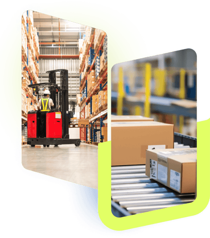 warehouse worker on a crane and boxes on a conveyor belt