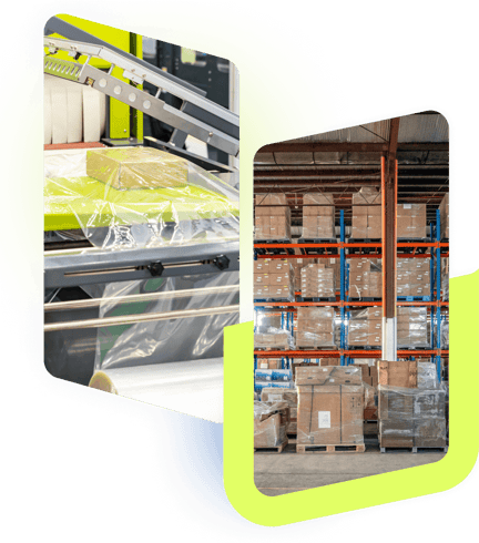warehouser taping a shipping box and a warehouse of boxes on pallets