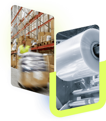 man pushing a cart through a warehouse and a poly bag machine