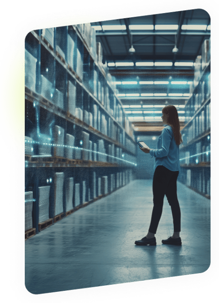 woman standing in warehouse with technology overlay